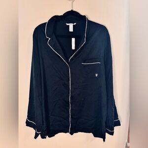 NWT Victoria's Secret Signature Satin PJ Top XL LONG Black Monogram Piping